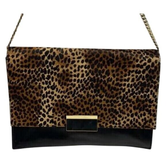 Vince Camuto Leopard Print Black Italian Leather Handbag Crossbody w/ chain - Picture 2 of 12